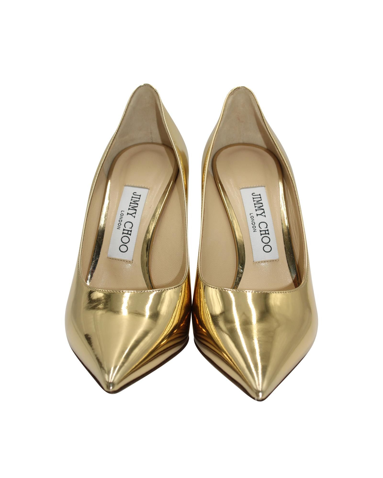 image of Jimmy Choo Gold Metallic Pointed Toe Stiletto Pumps Shoes in Metallic/Gold, Women's (Size 6)