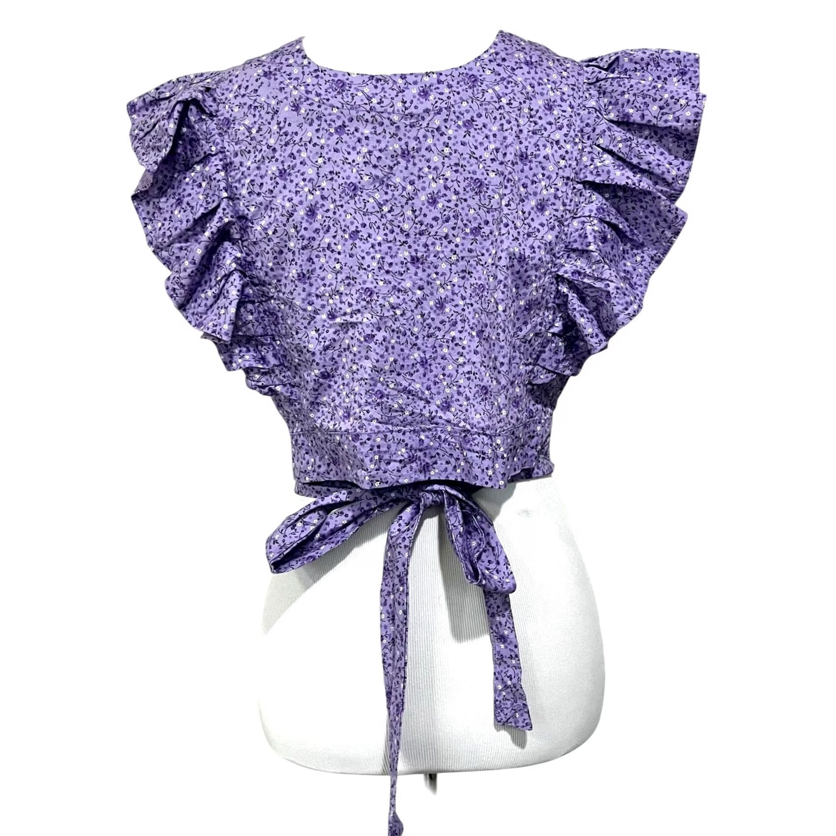 Vintage Purple Floral Crop Wrap Top T-Shirt Women's Medium Cotton Flutter Sleeve V-Neck Party/Casual Swinging Mexico 2020s Womens Size M / US 6-8 / IT 42-44 - 3 Thumbnail