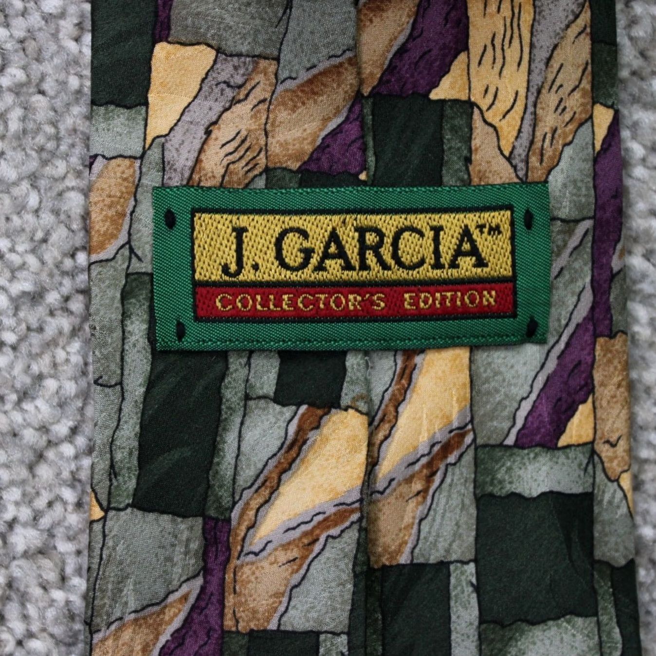 Vintage J. Garcia Necktie Geometric 100% Silk Abstract Green Tan Purple 55" Long 57"-60" Classic Tie Mens Size ONE SIZE - 2 Thumbnail