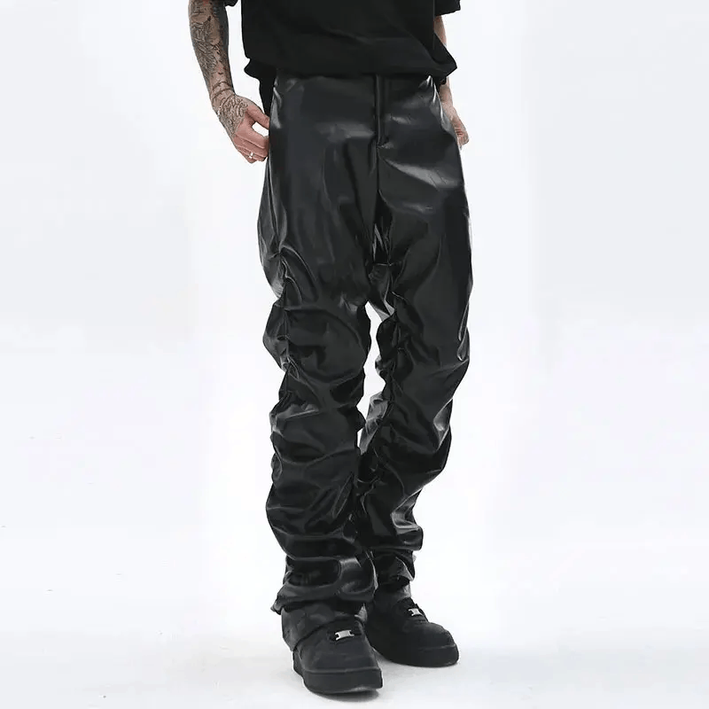 Japanese Brand × Vintage Loose Ruched Casual Pu Leather Pants Streetwear Punk Rock Size US 31 - 5 Thumbnail