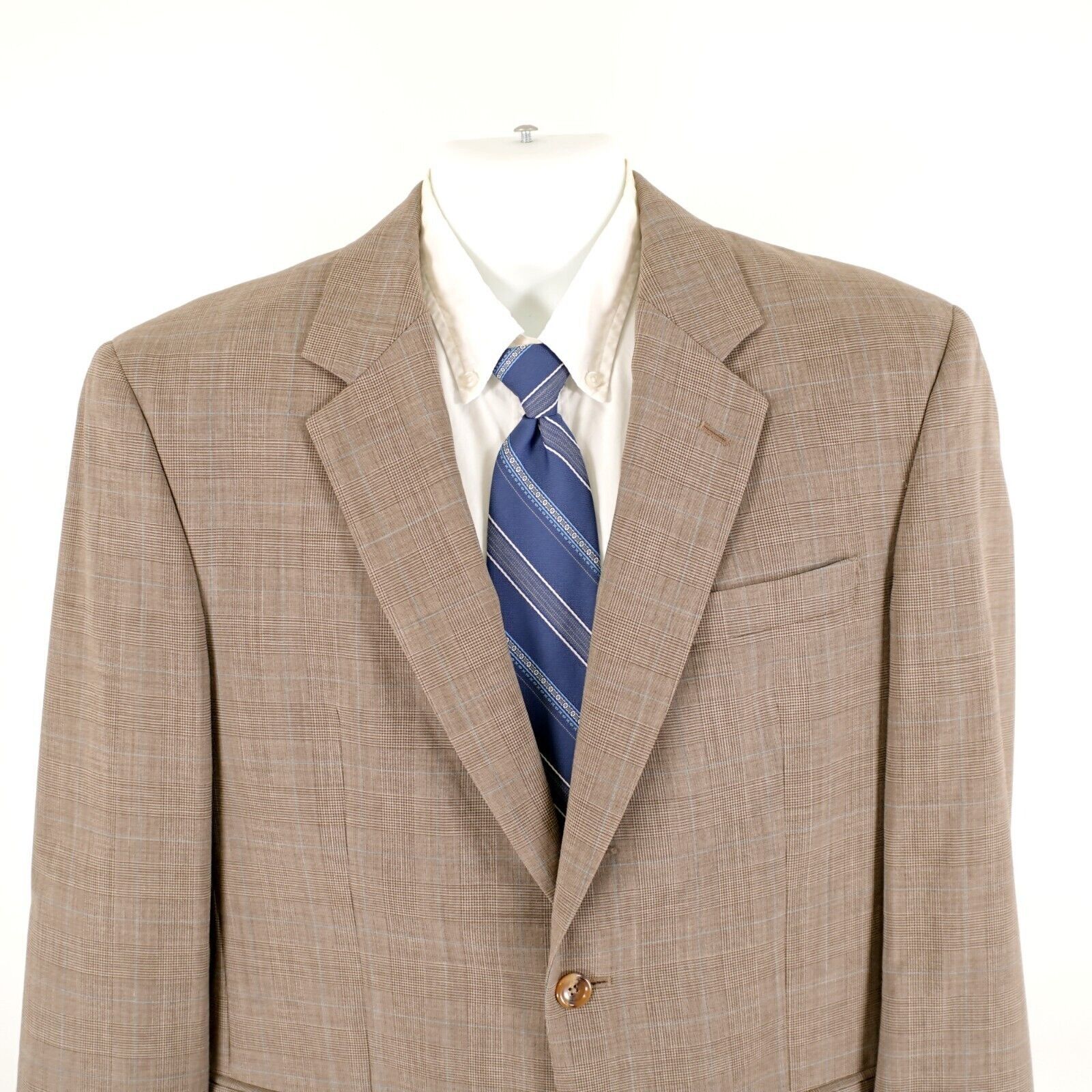 Jos. A. Bank DAMAGED Jos A Bank Wool Tan Glen Plaid Blue Windowpane Blaze Size 44R - 1 Thumbnail