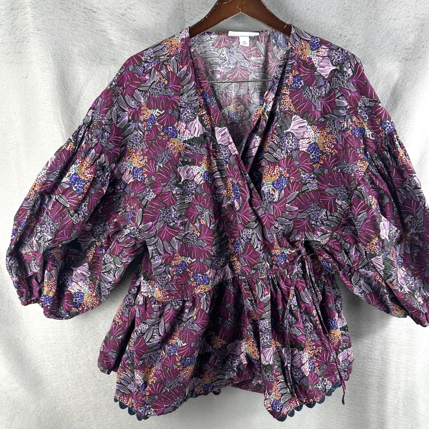 Vintage Kika Vargas Blouse Womens Plus 3X Purple Coral Reef Wrap Floral Puff Sleeve V-Neck Tie 3X Womens Blouse (Shirt) - Polo? Size XXL / US 16-18 / IT 52-54 - 4 Thumbnail