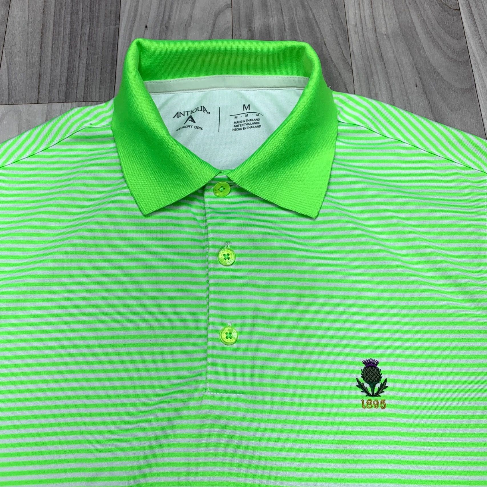 Vintage Antigua Polo Shirt Mens M Striped Neon Green Short Sleeve Button Collar Golf 90s? Size US M / EU 48-50 / 2 - 2 Thumbnail