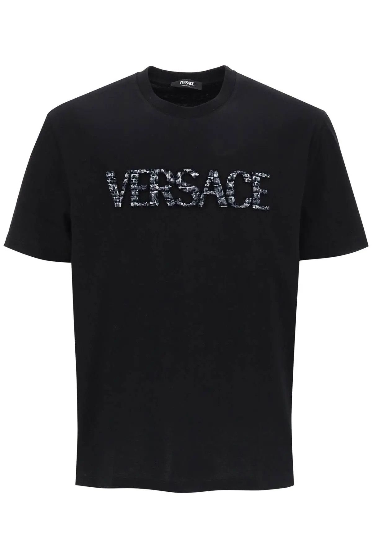 image of Versace O1S22I1N0124 Croco-Effect Logo T-Shirt In Black, Men's (Size Small)