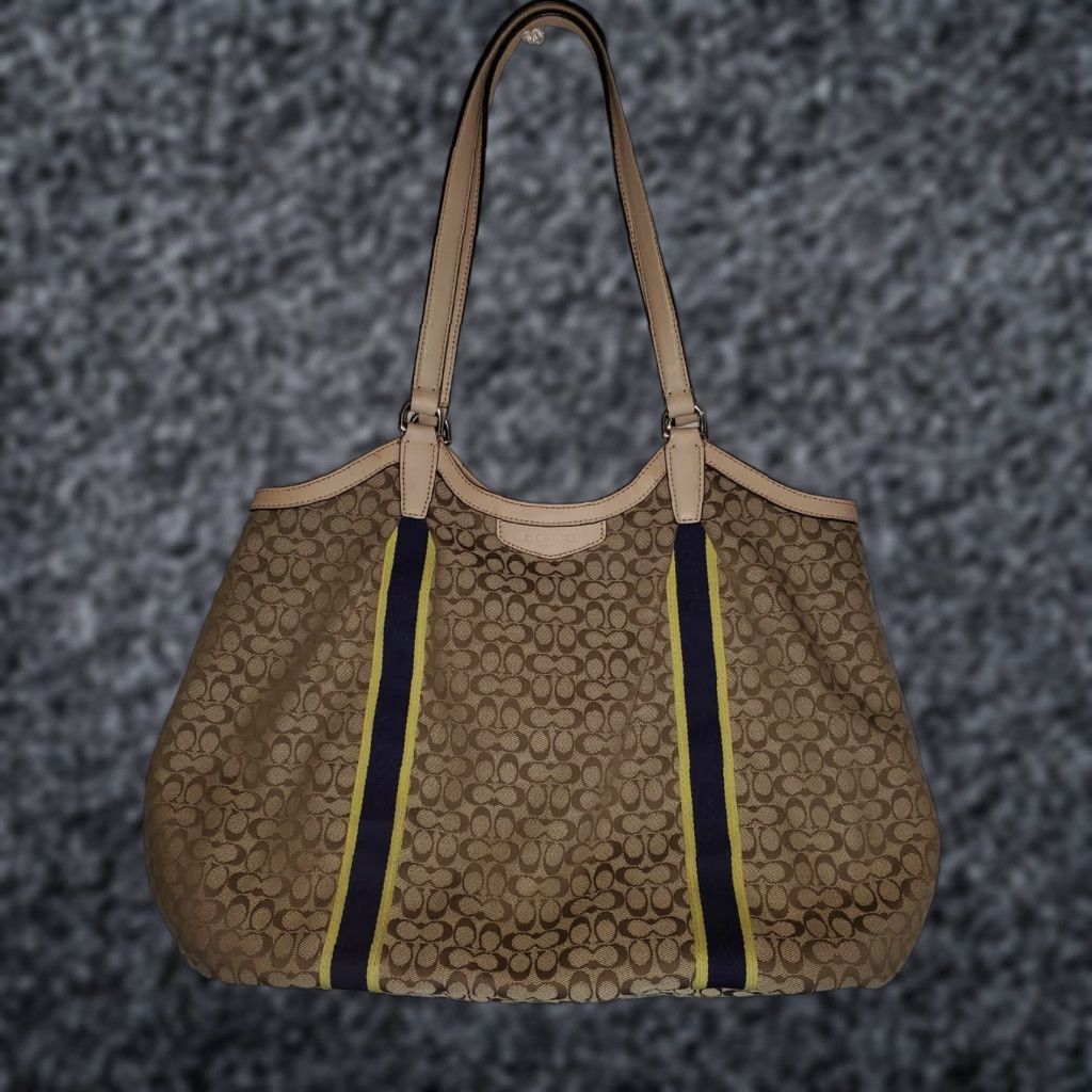Coach Coach Signature Devin Shoulder Bag Brown w/ Blue & Yellow Stripe Medium Women Size ONE SIZE - 1 Thumbnail