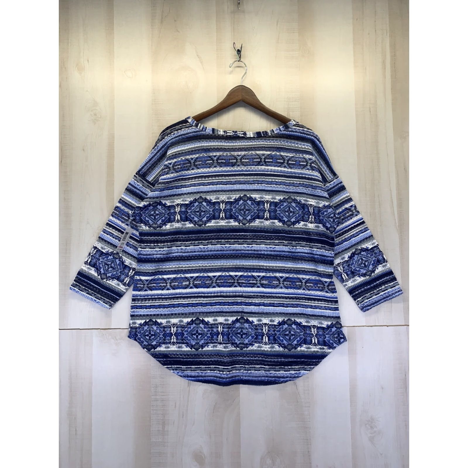 Vintage No Boundaries Blue Open Knit 3/4 Top Juniors Womens XL Blouse Knit Shirt Geometric Open Print NWT-9951 Size XL / US 12-14 / IT 48-50 - 7 Thumbnail