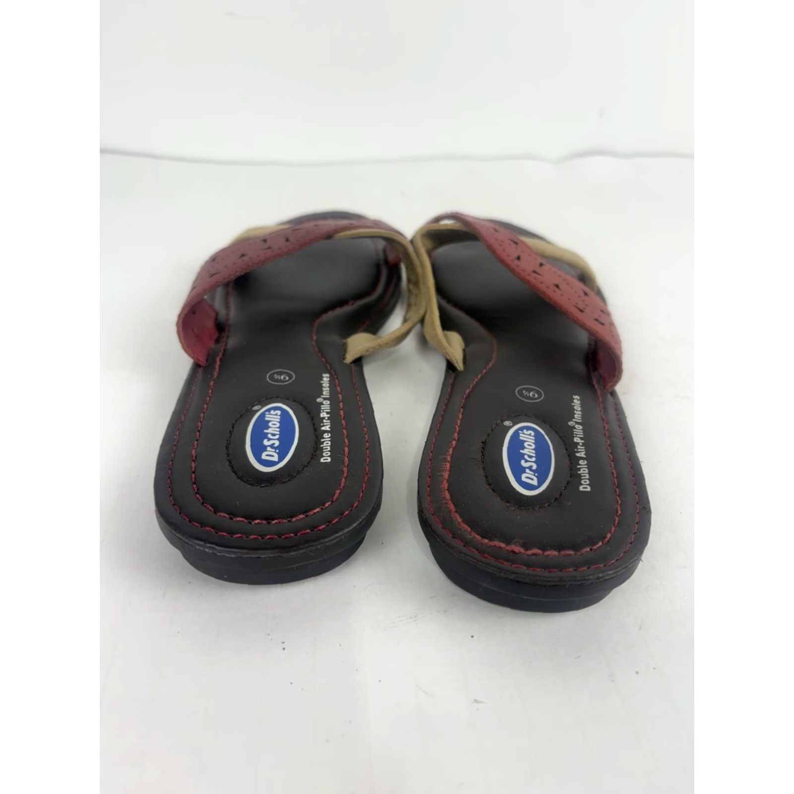Scholl VINTAGE Dr Scholls Wyoming Flat Slides Womens Size 9.5M Open Toe Slip On Leather Canvas Red/Tan Casual Summer Women Size US 9.5 / IT 39.5 - 5 Thumbnail