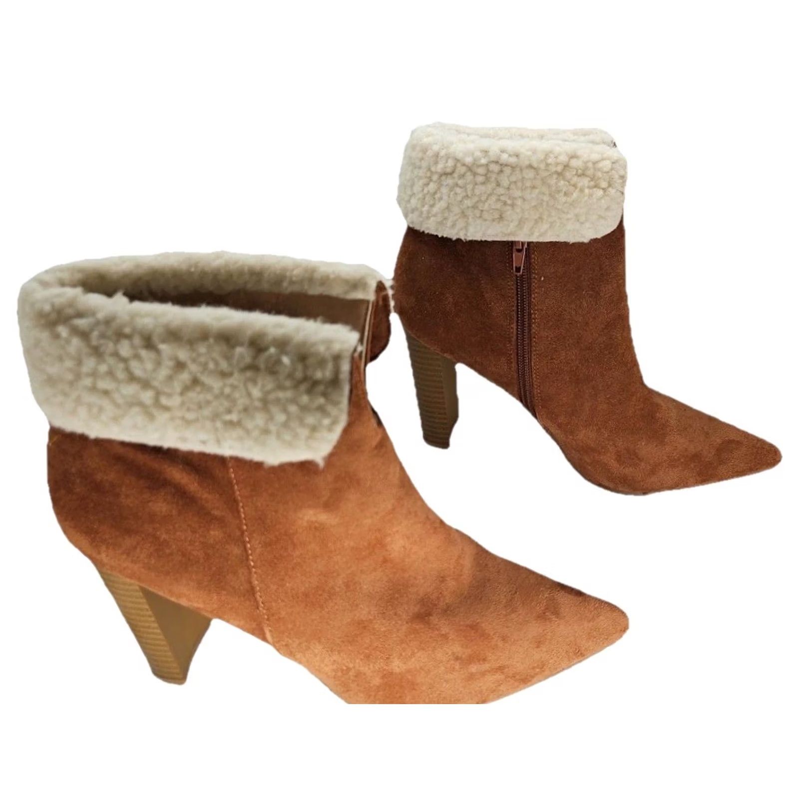 Vintage Yoki Ankle Boots Women 10 Brown Faux Suede Shearling Pointed Toe Block Heel Shoes Size US 10 / IT 40 - 3 Thumbnail