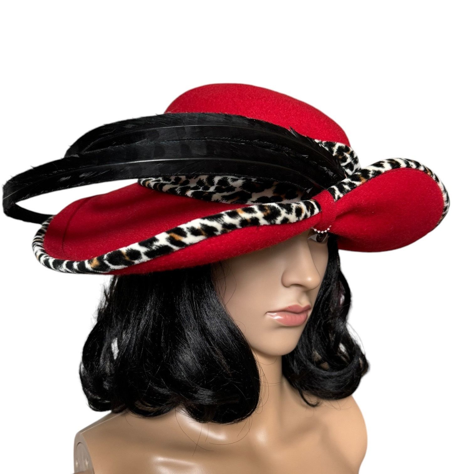 Vintage NWT 1960's Mr. John Classic Hat Red animal print feathers Size ONE SIZE - 9 Thumbnail