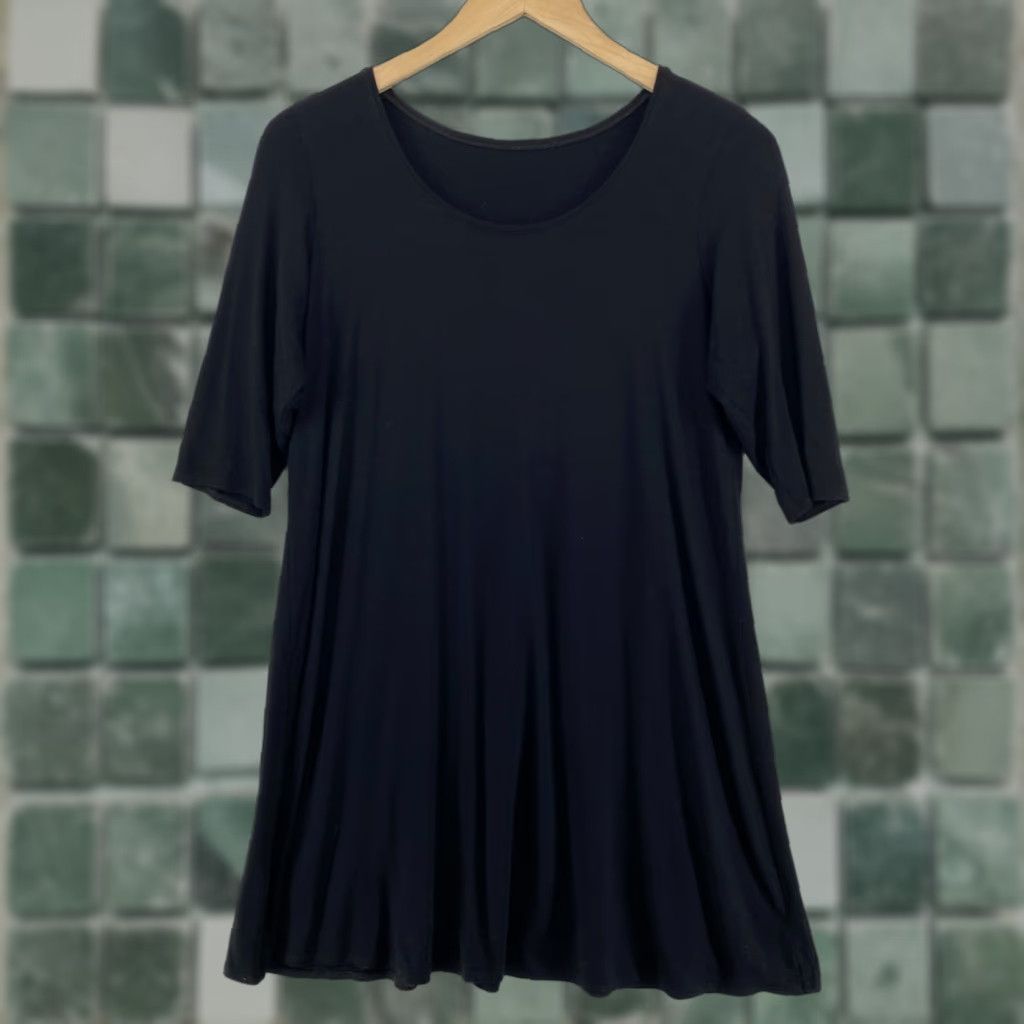 EILEEN FISHER Tunic Adult S Black Jersey Top Round Neck Elbow Sleeve Stretch Viscose