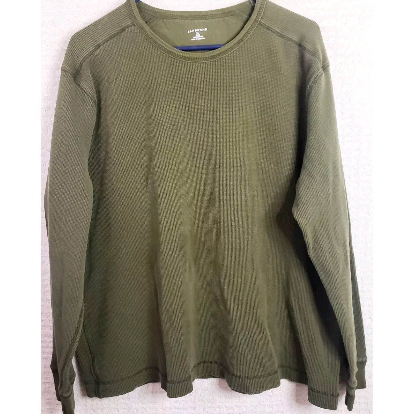 Lands' End Lands' End Shirt Men's XL Green Waffle Thermal 100% Cotton Long Sleeve Crew Neck Knit Slim College Outdoor T-Shirt Mens Size US XL / EU 56 / 4 - 2 Thumbnail