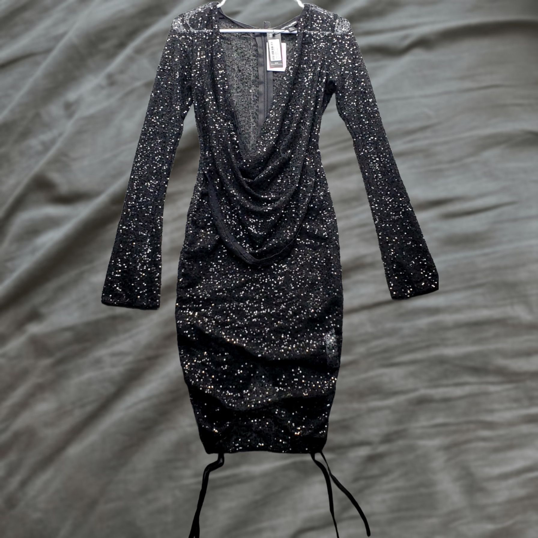 PrettyLittleThing PrettyLittleThing Pencil Dress Womens 2 Black Sequin Lace Cowl Neck Back Zip Dress Size XS / US 0-2 / IT 36-38 - 1 Thumbnail
