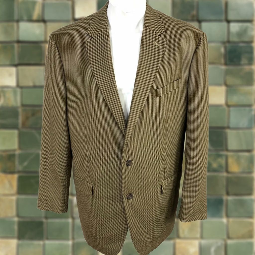 Chaps Chaps Houndstooth Blazer 44 L Men’s 100% Wool Blend Button Sport Coat Jacket Tan Brown Size 48R - 1 Thumbnail