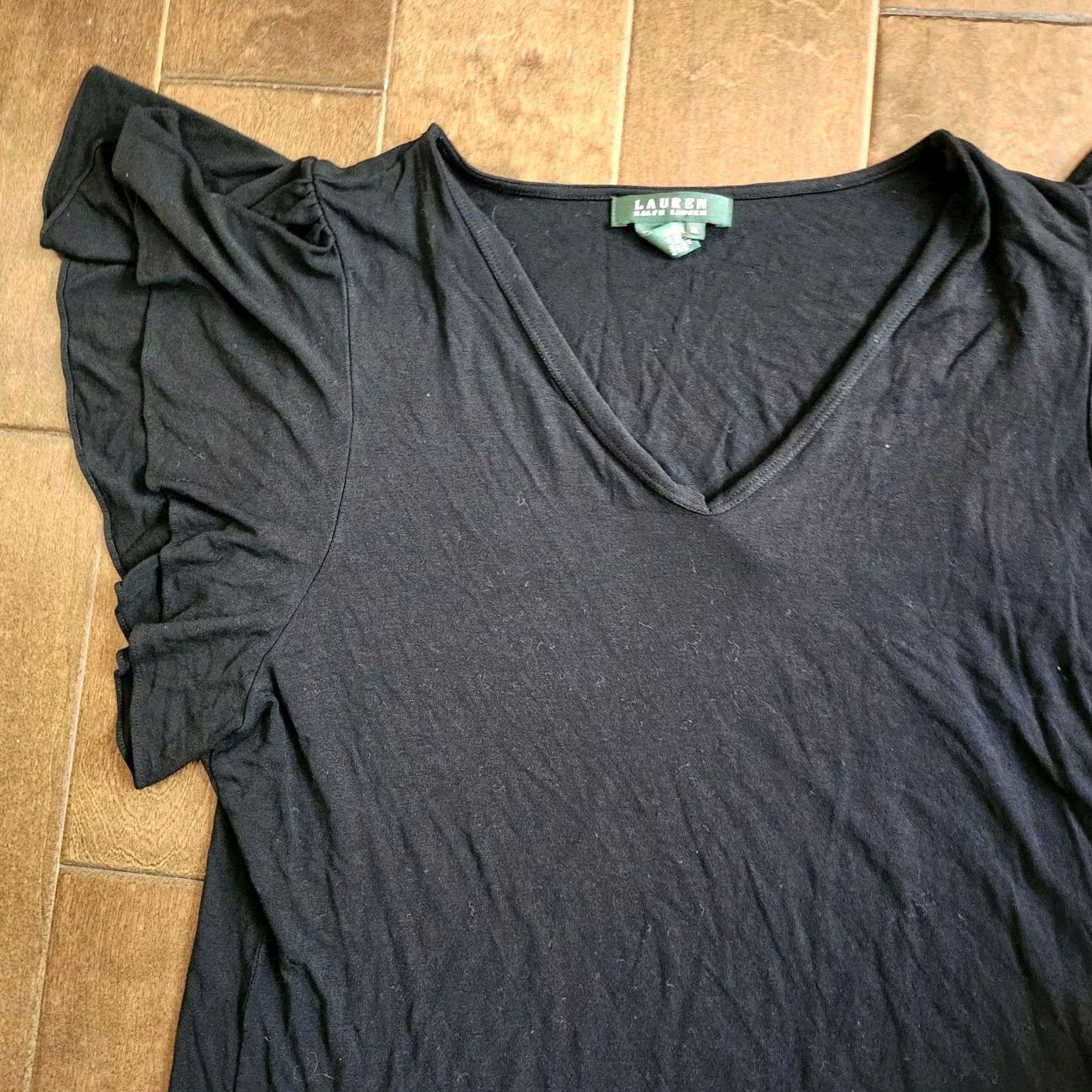 Ralph Lauren Ralph Lauren Women's JUNIOR Black Short Sleeve V-Neck Ruffle Blouse XL - Blouse, Short Sleeve, V-Neck, Black, Juniors, Adult Womens Size XL / US 12-14 / IT 48-50 - 3 Thumbnail