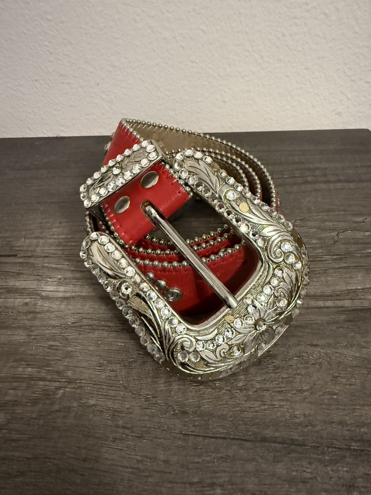 B.B. Simon Discontinued Baby Simon red leather belt with skull & sword Size 32 - 3 Thumbnail