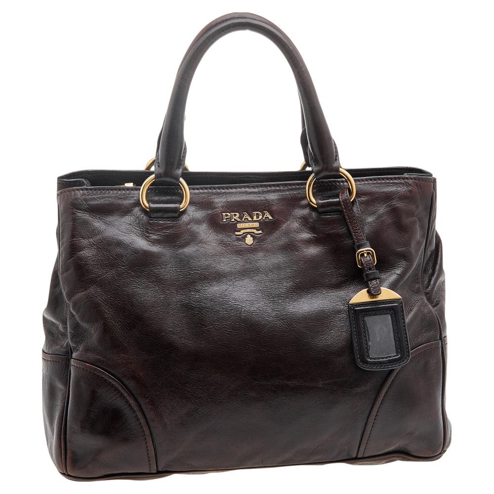 image of Prada Brown Vitello Shine Leather Zip Tote in Black, Women's
