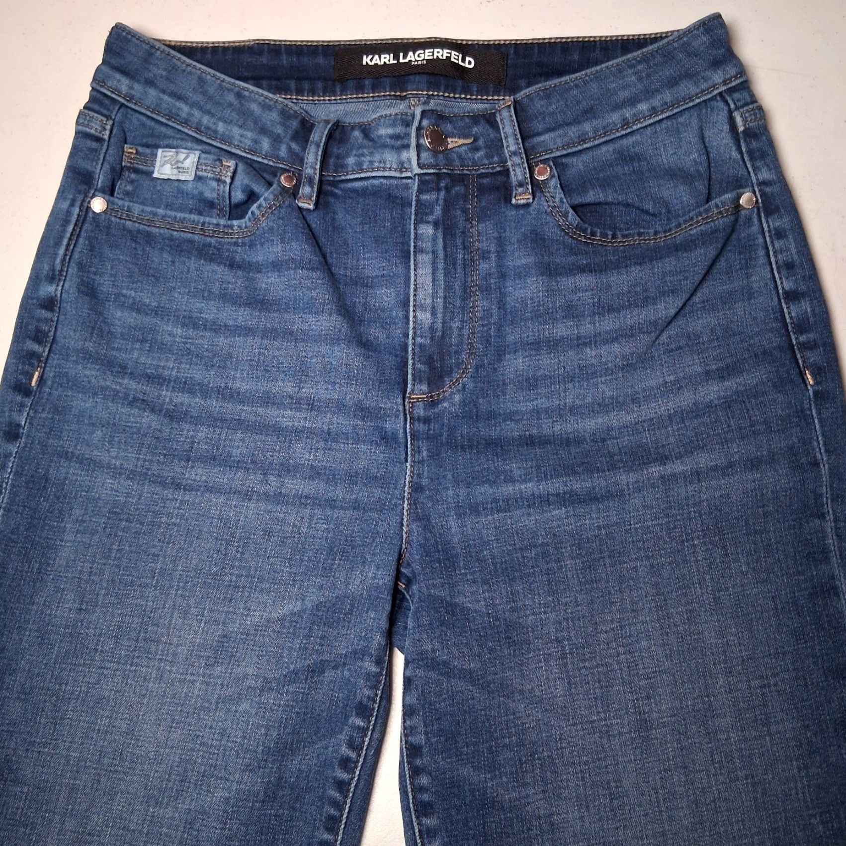 Karl Lagerfeld Karl Lagerfeld Jeans Women 29x27 Straight Leg Studded Rhinestone Star Whiskered Blue Denim 5-Pocket Design Womens Size 29" - 3 Thumbnail