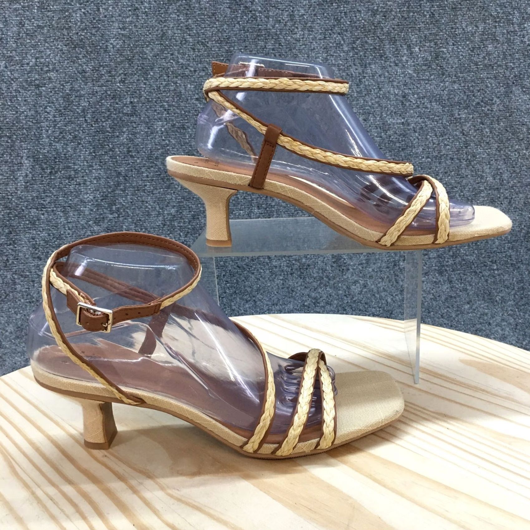Vintage A New Day Sandals Womens 9.5 Strappy Beige Faux Leather Casual Heels Braided Size US 10 / IT 40 - 2 Thumbnail