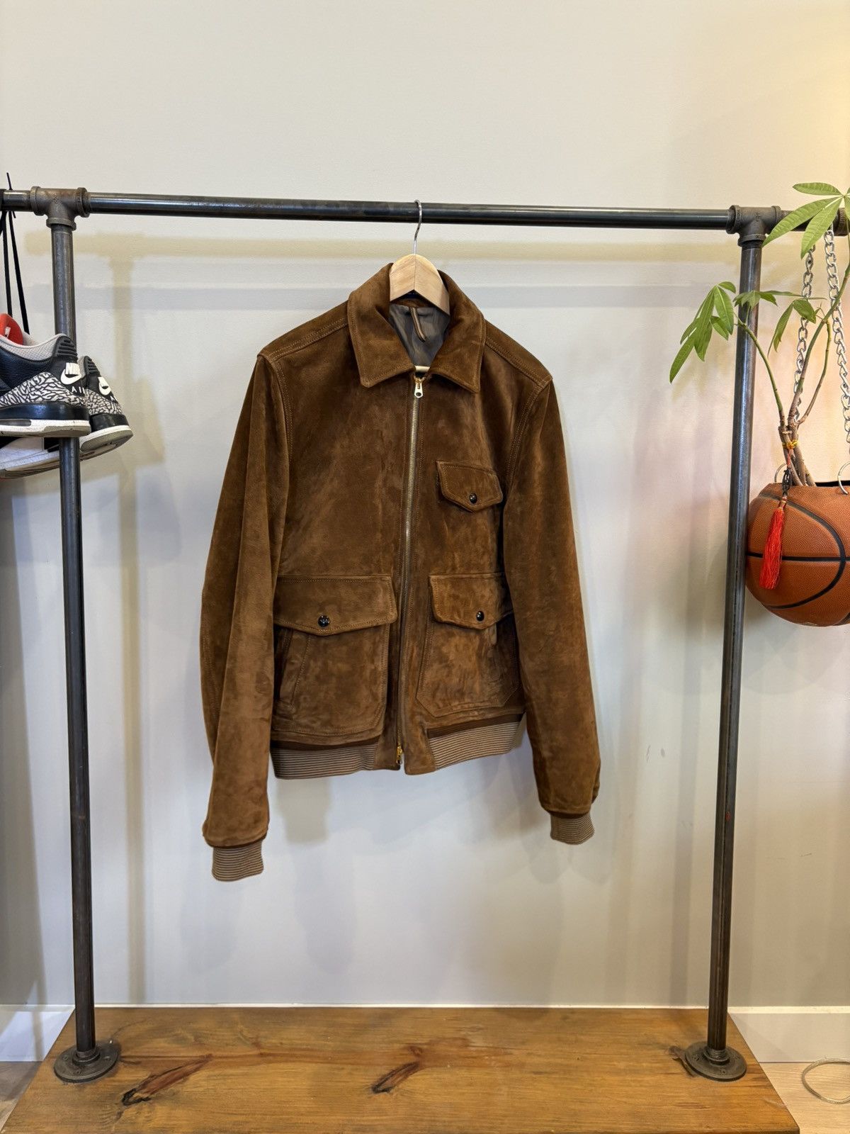 Pre-owned Drake's Tobacco Heavyweight Suede A-2 Bomber Jacket Size 40 In Brown
