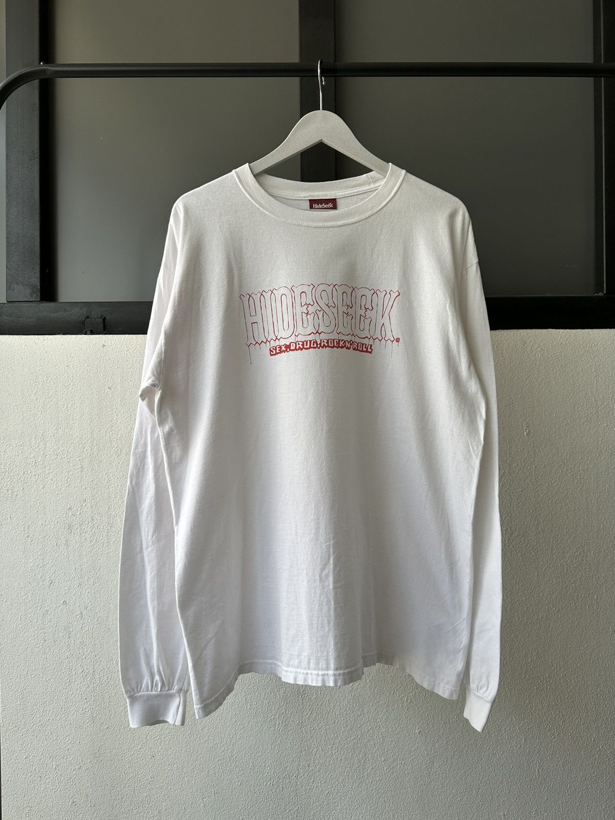 image of 2000S Hide And Seek '' Sex Drug Rock N' Roll '' Long Sleeve in White, Men's (Size Large)