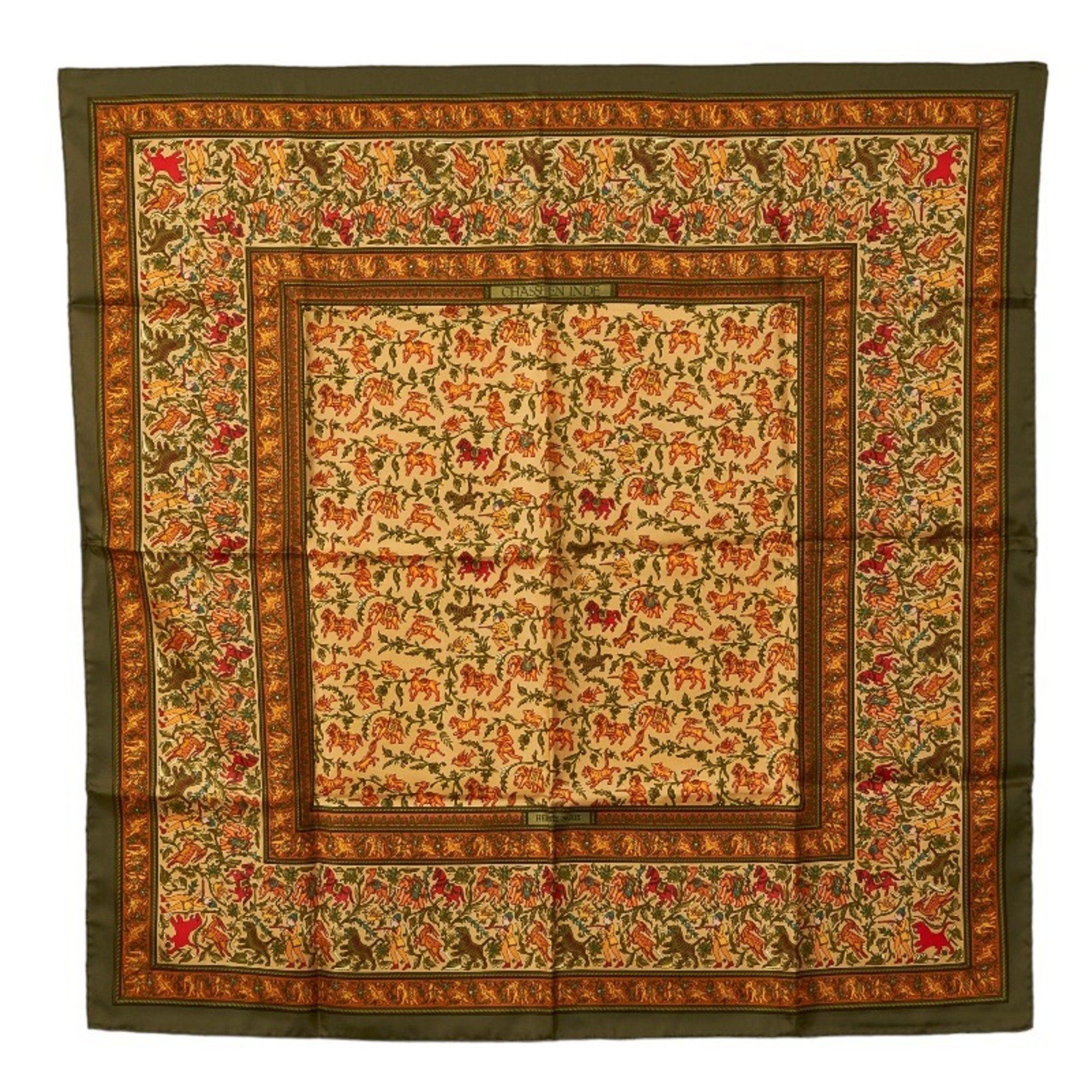 image of Hermes Carre 90 Chasse En Inde Indian Hunting Scarf Muffler Khaki Multicolor Silk Ladies in Green, 