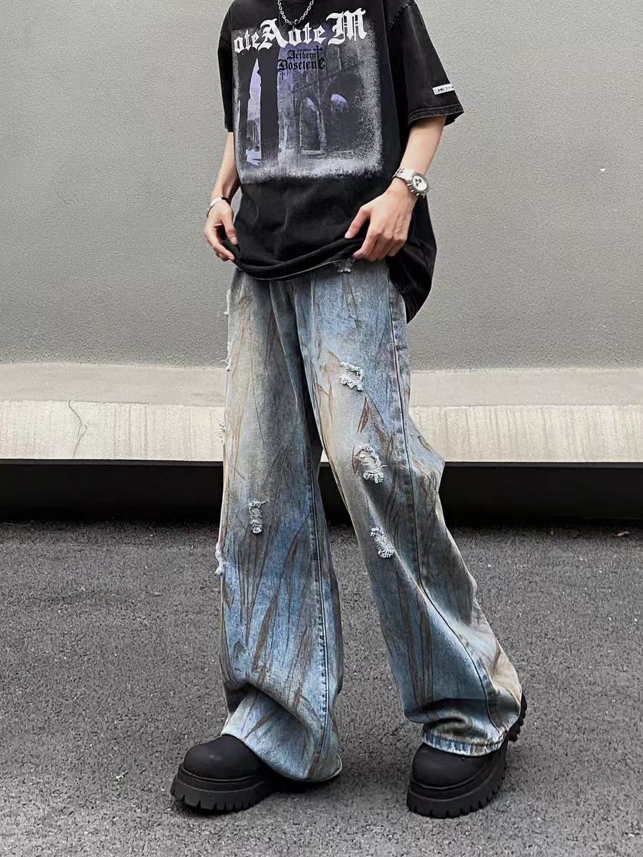 Designer × Jean × Vintage High Street Dirty Dye Washed Ripped Baggy Jeans Size US 34 / EU 50 - 3 Thumbnail