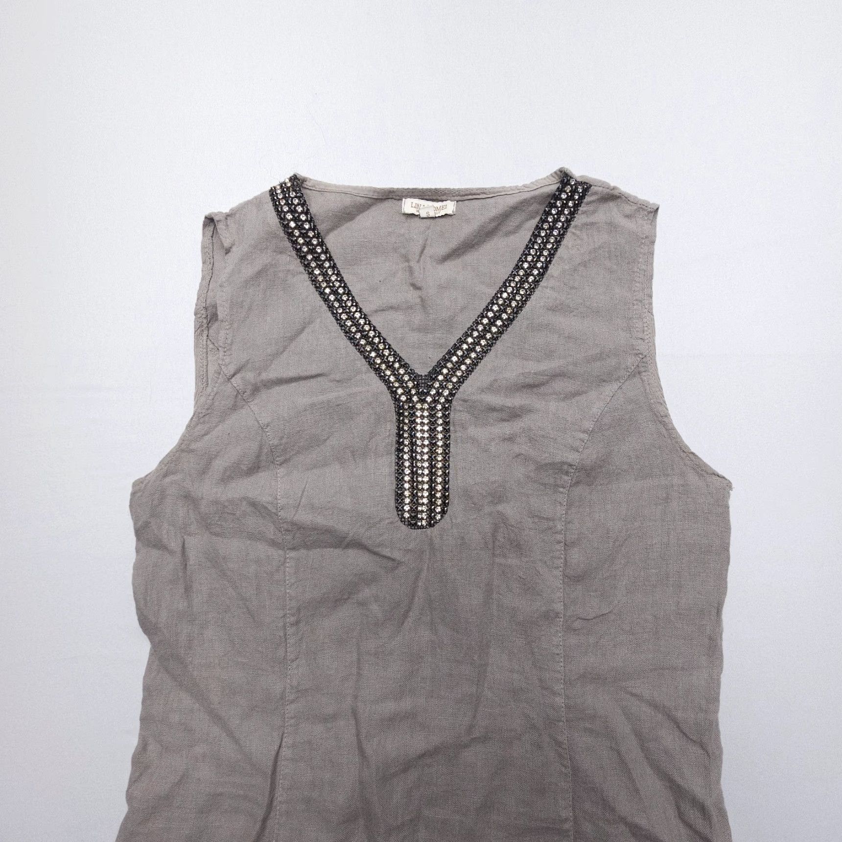 Vintage Lina Tomei Linen Dress Small Sleeveless V-Neck Rhinestones Italy Dress Size S / US 4 / IT 40 - 5 Thumbnail