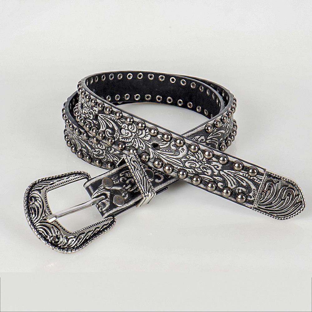 Vintage 44" Retro Carved Alloy Buckle Rivet Punk PU Leather Belt Size ONE SIZE - 2 Thumbnail
