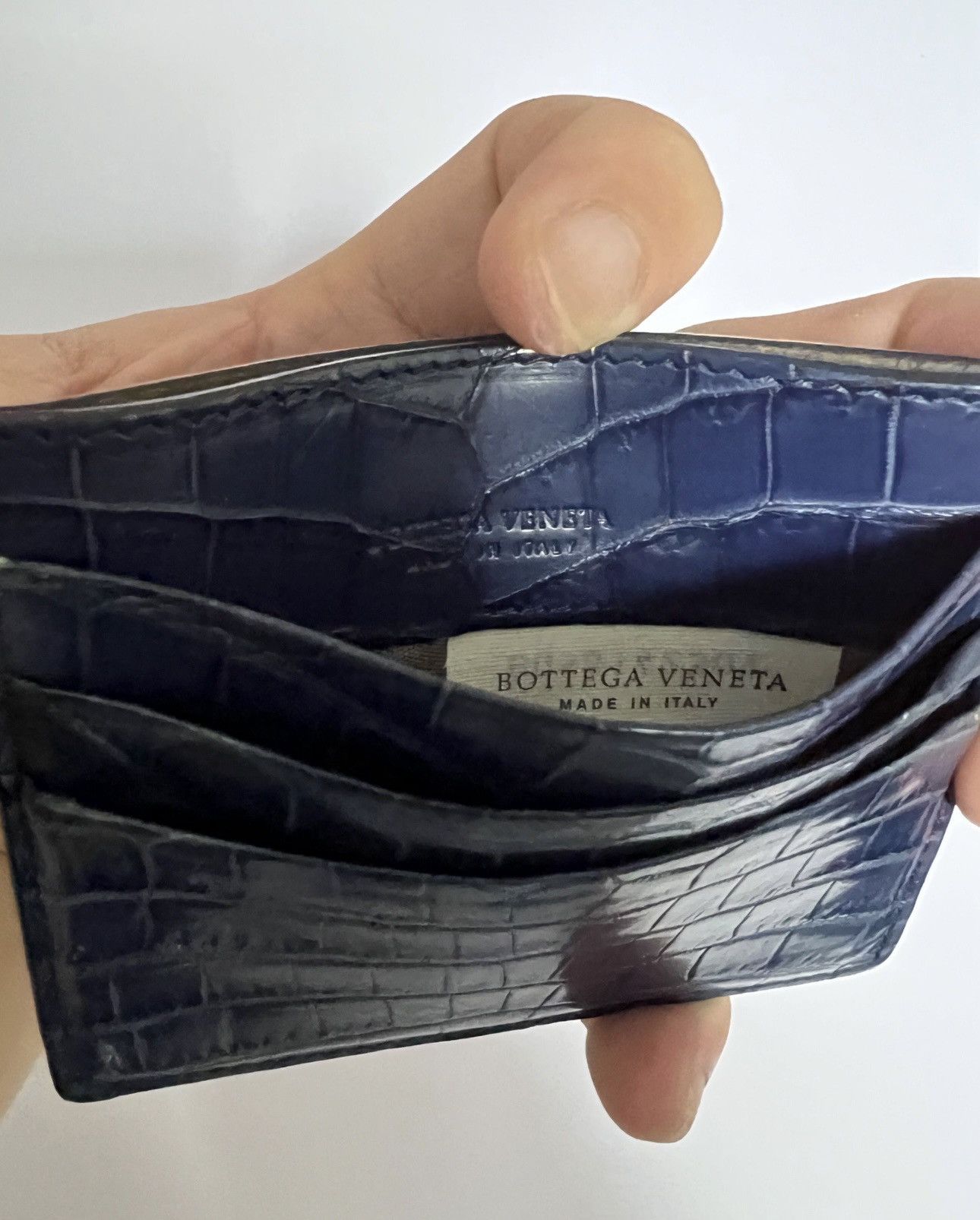 image of Bottega Veneta Blue Crocodile Card Holder Wallet, Men's