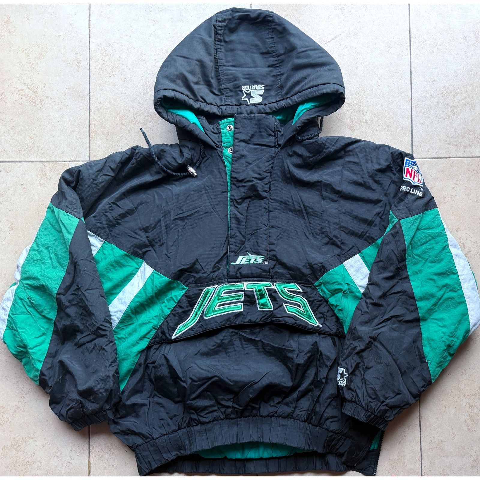 NFL × Starter NY Jets 90s STARTER puffer Pullover 1/2 L blk kelly Pro vtg Size US L / EU 52-54 / 3 - 3 Thumbnail