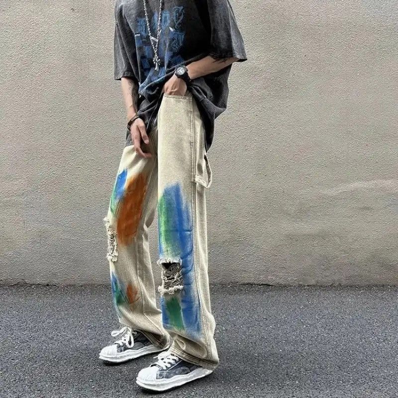 Jean Pants Torn Ripped Retro Beige Broken Size US 32 / EU 48 - 1 Thumbnail