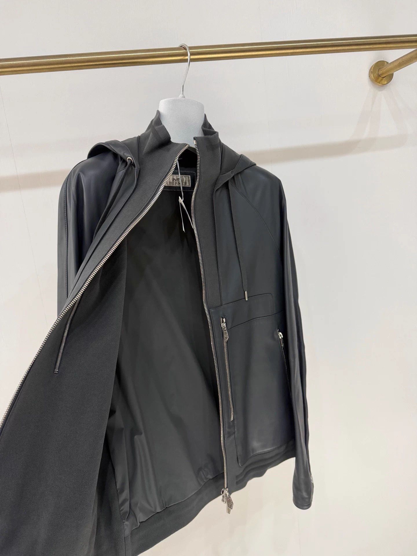 Hermes Hermes Grey Black Lambskin Leather Jacket 46 BNWT Size US S / EU 44-46 / 1 - 4 Thumbnail