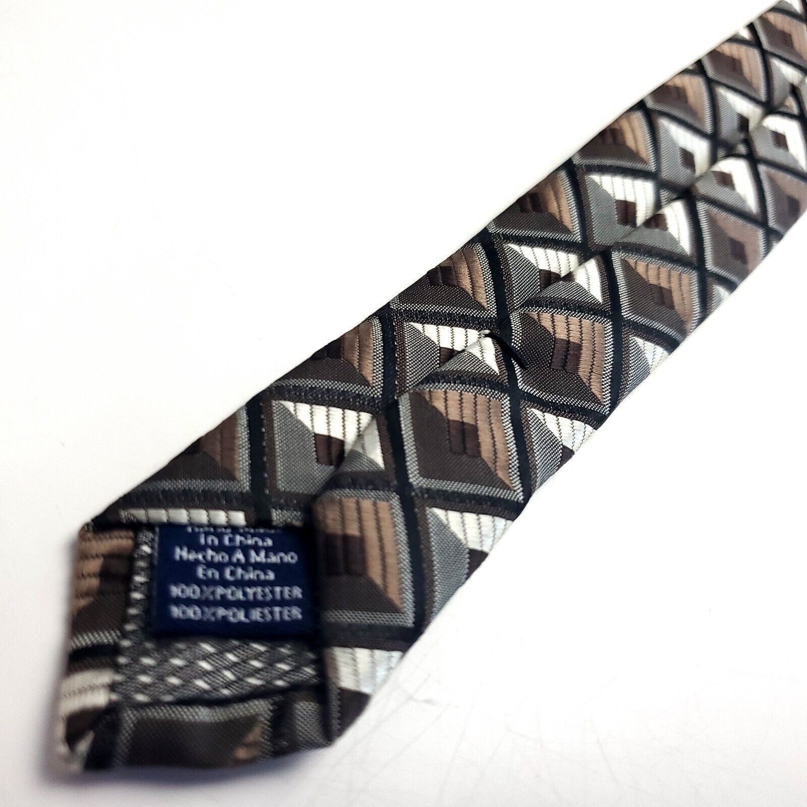 Stafford Stafford Essentials Brown White Silk Tie Woven Geometric Size ONE SIZE - 5 Thumbnail