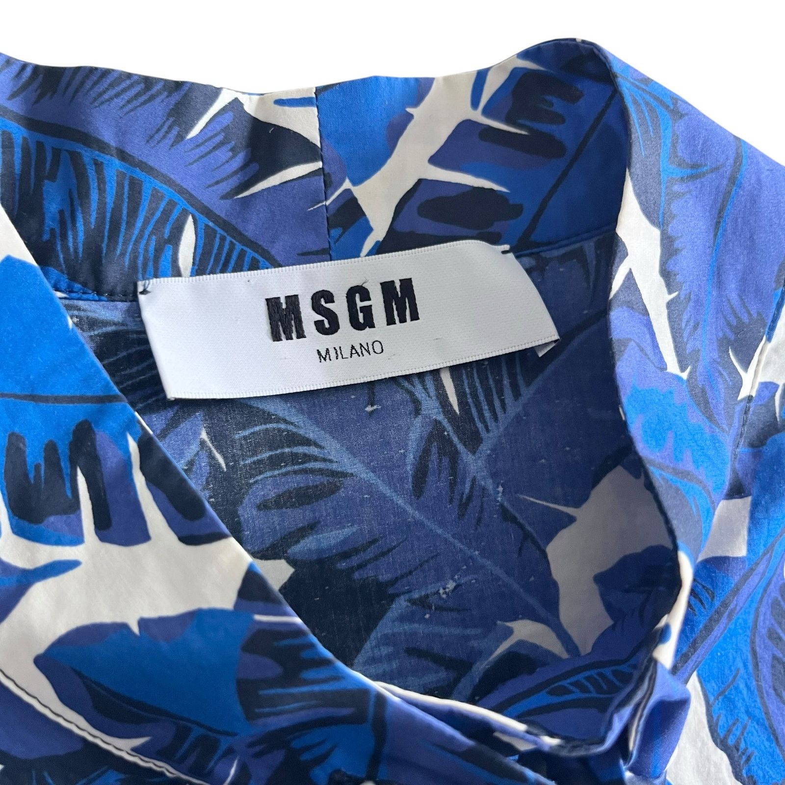 MSGM MSGM Blue Tropical Leaf Print Tie Neck Cotton Blouse Size M / US 6-8 / IT 42-44 - 2 Thumbnail