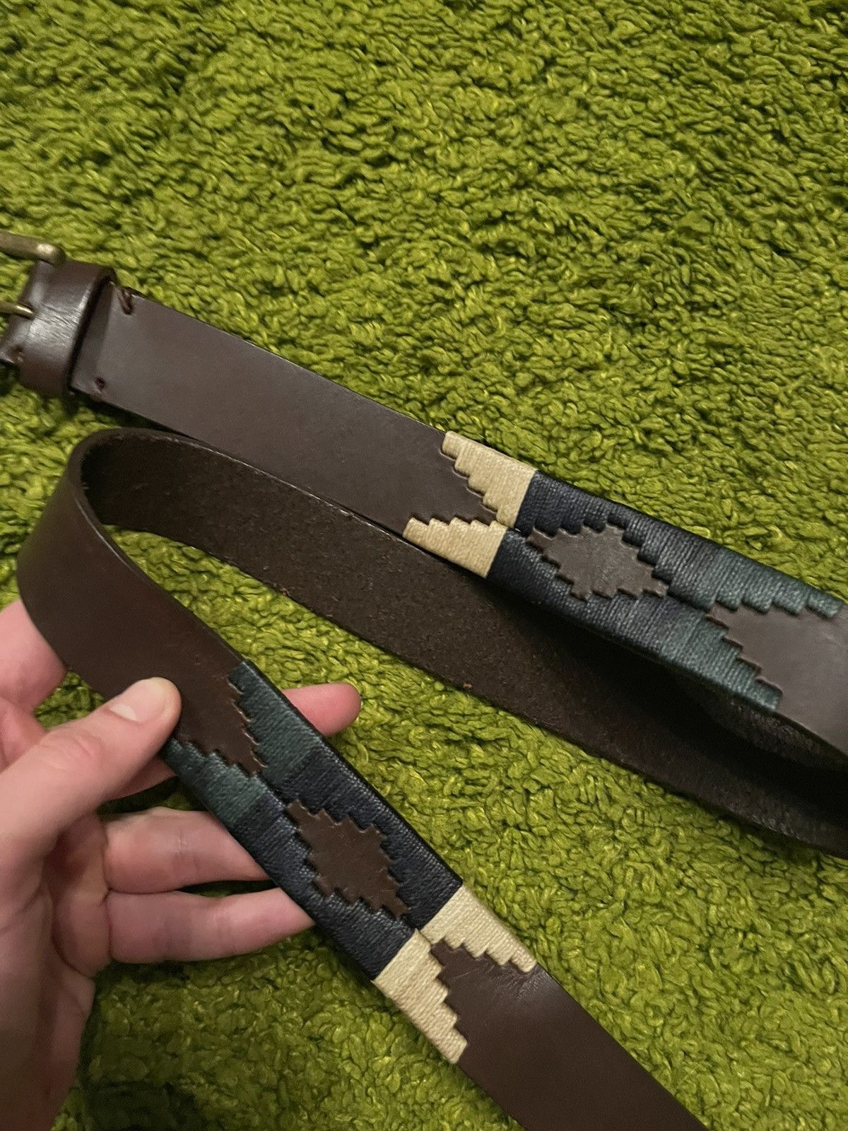 Cowboy Equipment × Genuine Leather × Vintage Aztec Navajo native pattern real leather cowboy western belt Size 34 - 3 Thumbnail