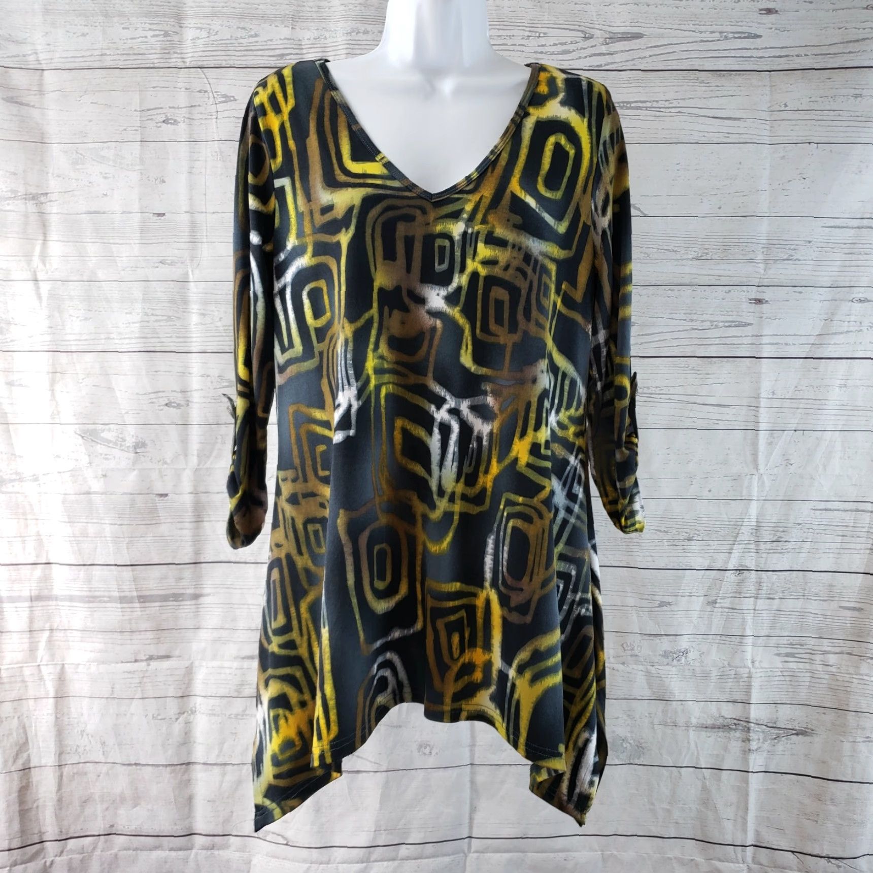 Vintage Lior Paris Womens Blouse Tunic Shirt 3/4 Sleeve V-Neck XS Small Black Yellow Geometric Pattern Size S / US 4 / IT 40 - 2 Thumbnail