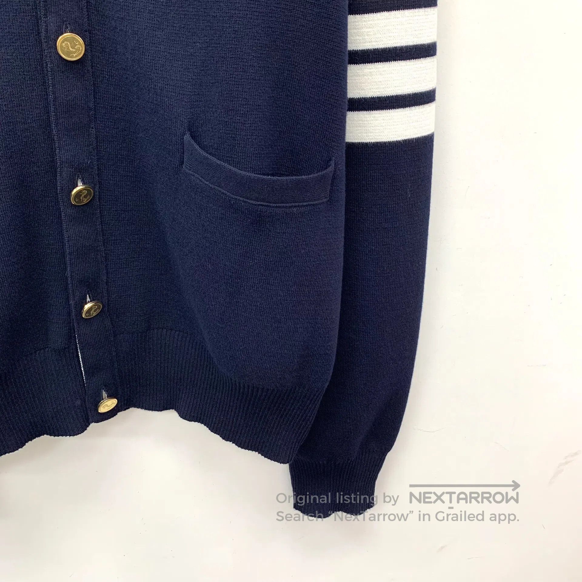 Thom Browne Thom Browne Dark blue classic four-bar cotton V-neck singl Size US XXL / EU 58 / 5 - 4 Thumbnail