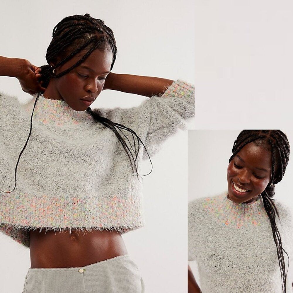 Free People New Free People Stardust Crop Super Soft Grey Pullover Swea Size XS / US 0-2 / IT 36-38 - 1 Thumbnail
