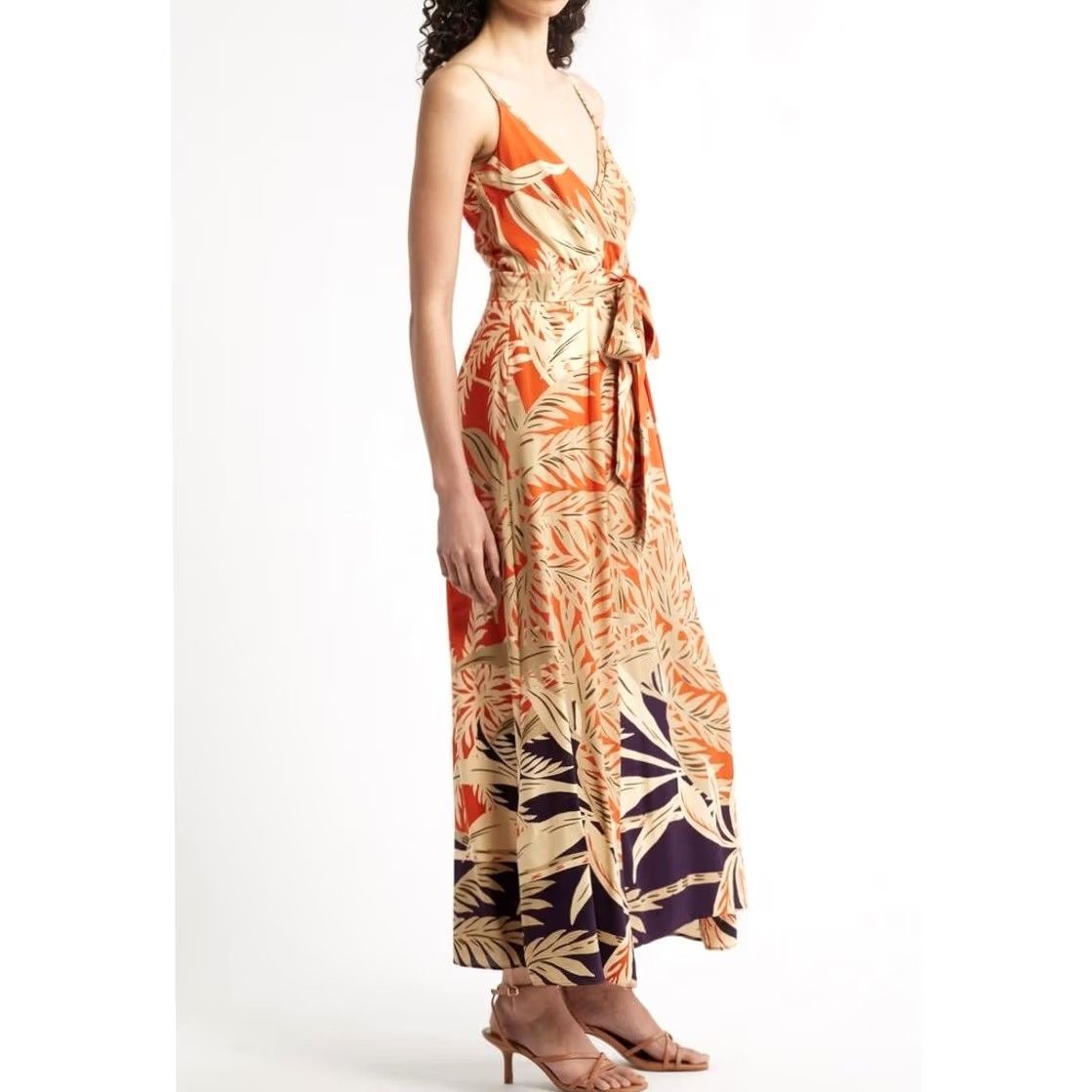 Vintage Halogen Palm Print Maxi Dress Belted Orange Tan V-Neck Adjustable Straps Size L Size L / US 10 / IT 46 - 7 Thumbnail