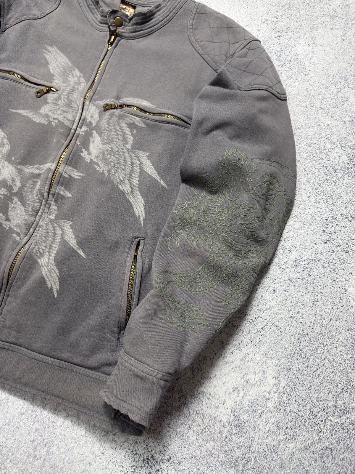 Ed Hardy Ed Hardy Distressed Cotton Motorcycle Jacket Size US L / EU 52-54 / 3 - 11 Thumbnail