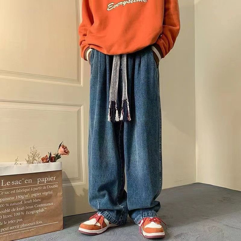 Retro loose high street hip hop drawstring straight jeans