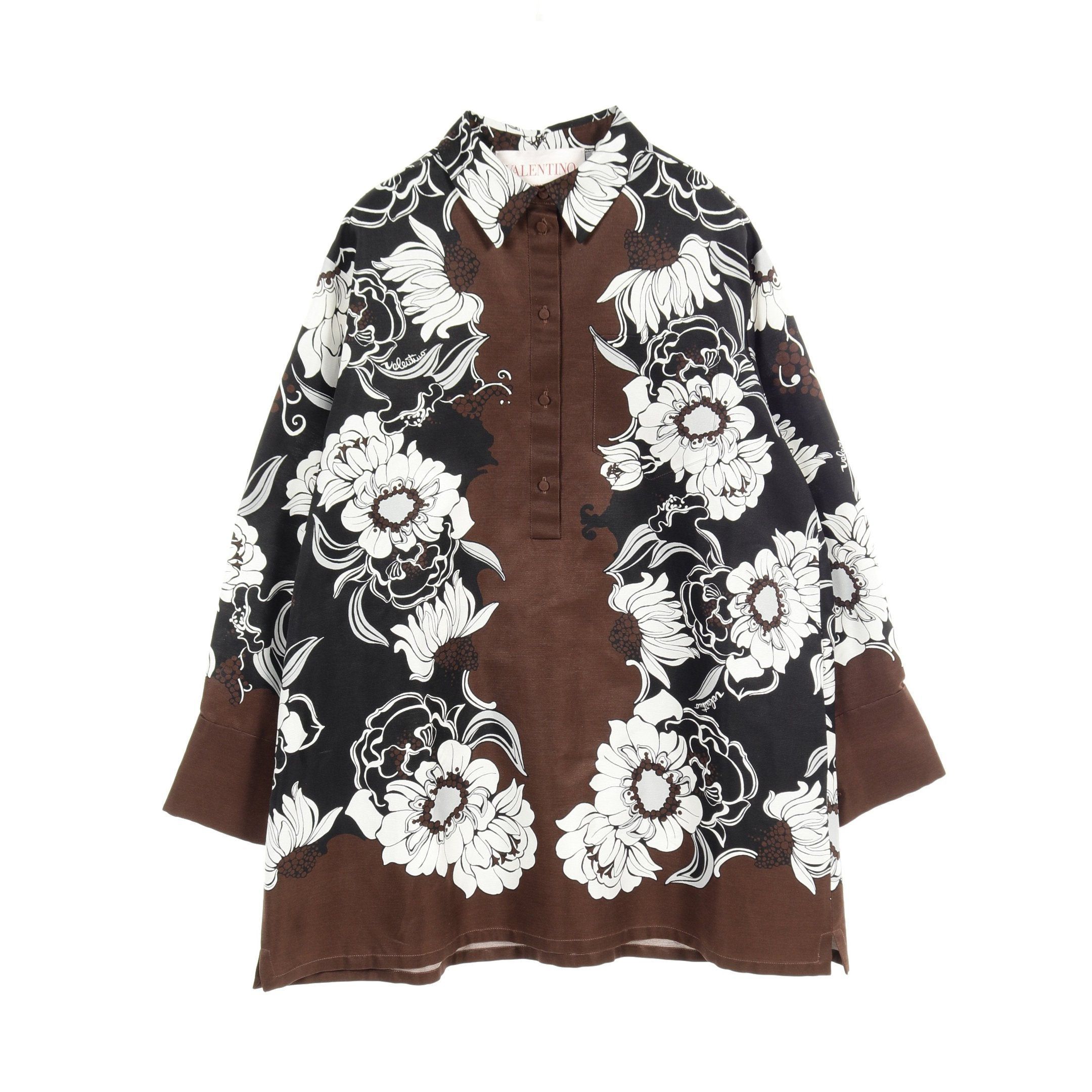 Valentino Tunic Shirt Floral Pattern Cotton Silk Brown Black White