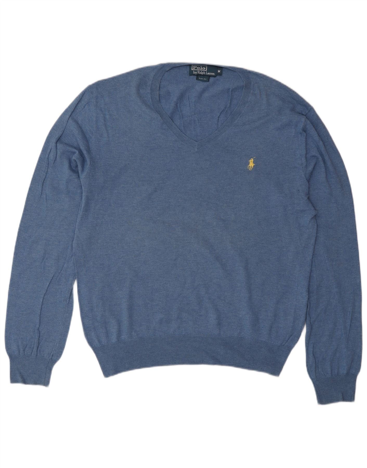 Polo Ralph Lauren Mens Slim Fit V-Neck Jumper Sweater Medium Blue Cotton Size US L / EU 52-54 / 3 - 1 Thumbnail