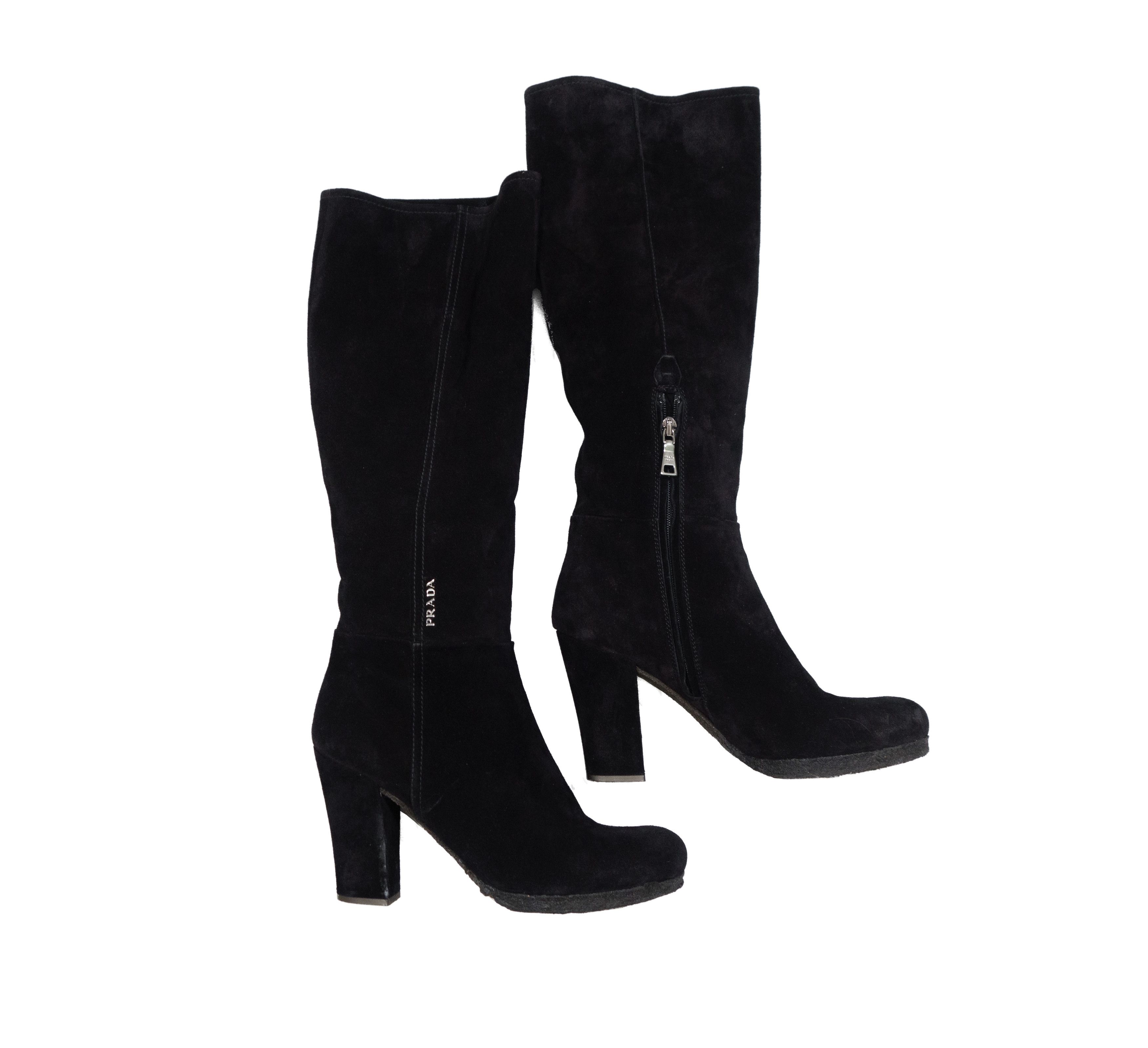Prada 00s Suede Metal Logo Knee High Side Zip Boots Block Heel Size US 7.5 / IT 37.5 - 1 Thumbnail