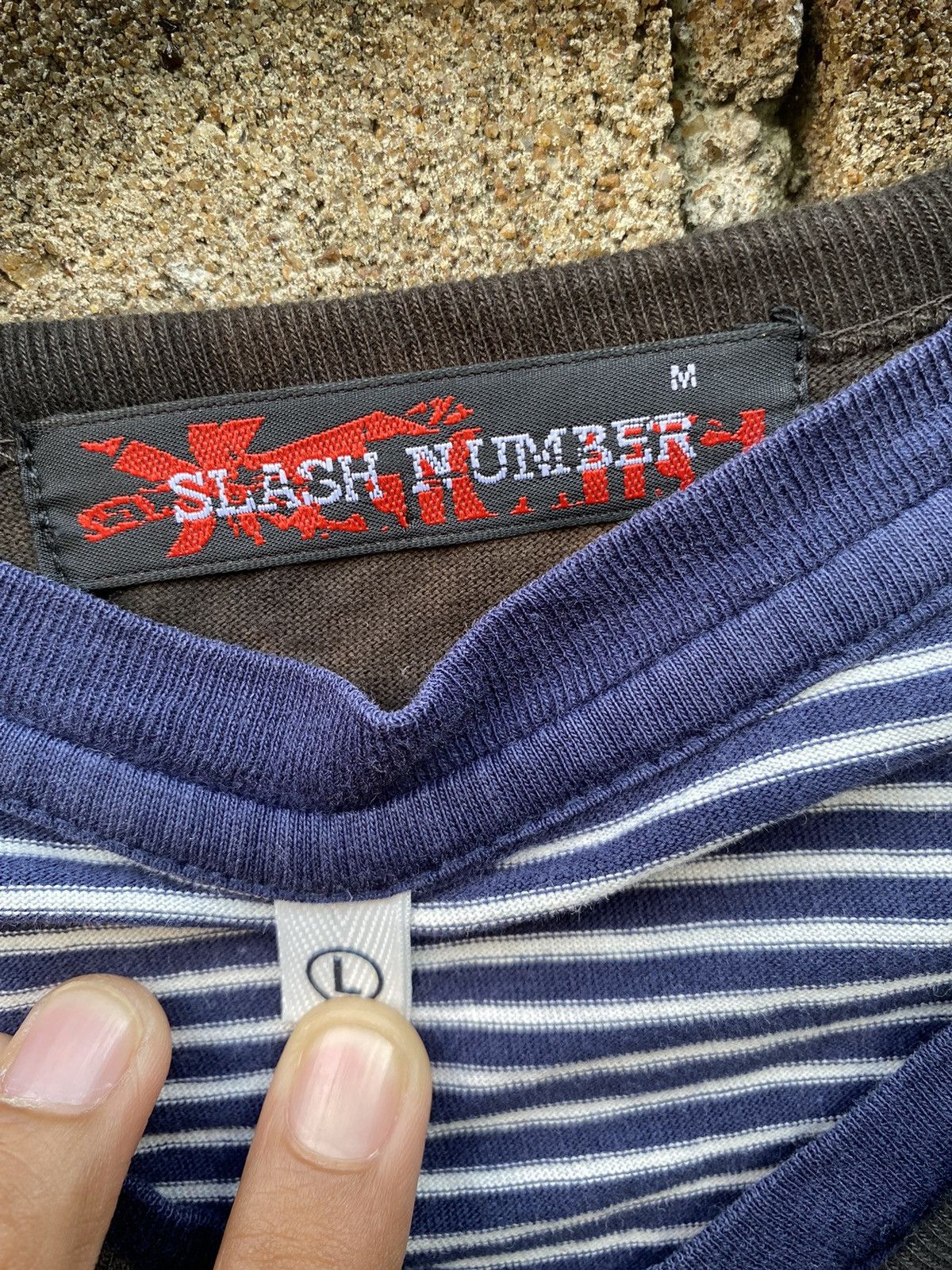 If Six Was Nine × Japanese Brand × Le Grande Bleu (L.G.B.) 2in1 Slash Number Bleached striped longsleeve tshirt Size US M / EU 48-50 / 2 - 6 Thumbnail