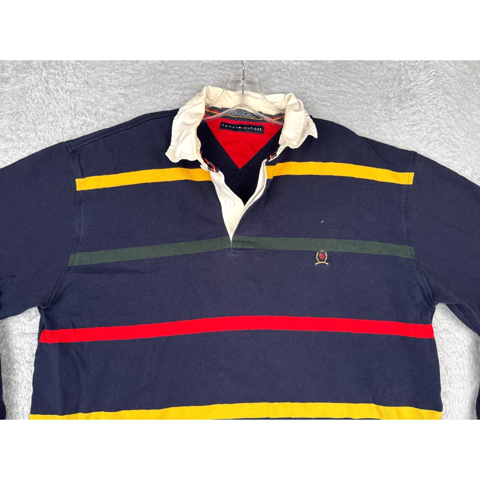 VINTAGE Tommy Hilfiger Polo Shirt Men Large Blue Stripe Long Sleeve Crest Shirt