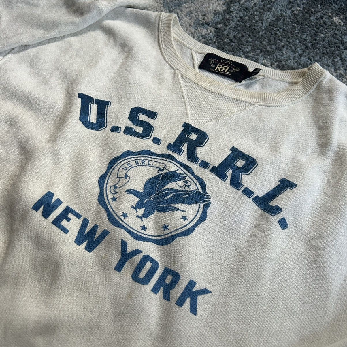 RRL Ralph Lauren 2018 CREAM U.S.R.R.L. MOUNTED COLLAR FOOTBALL CREWNECK BLUE Size US M / EU 48-50 / 2 - 14 Thumbnail