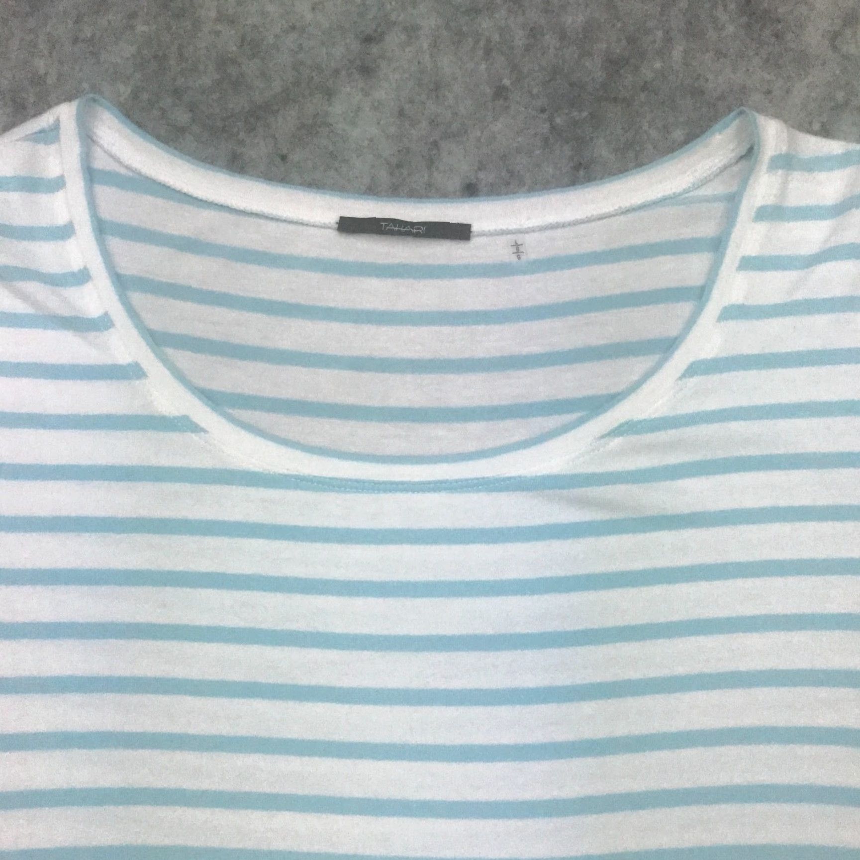 Vintage Tahari Womens Shirt Blouse Striped White Blue Short Sleeve Round Neck Stretch Knit Modal Spandex Basic Casual Travel Size L Womens Size L / US 10 / IT 46 - 2 Thumbnail