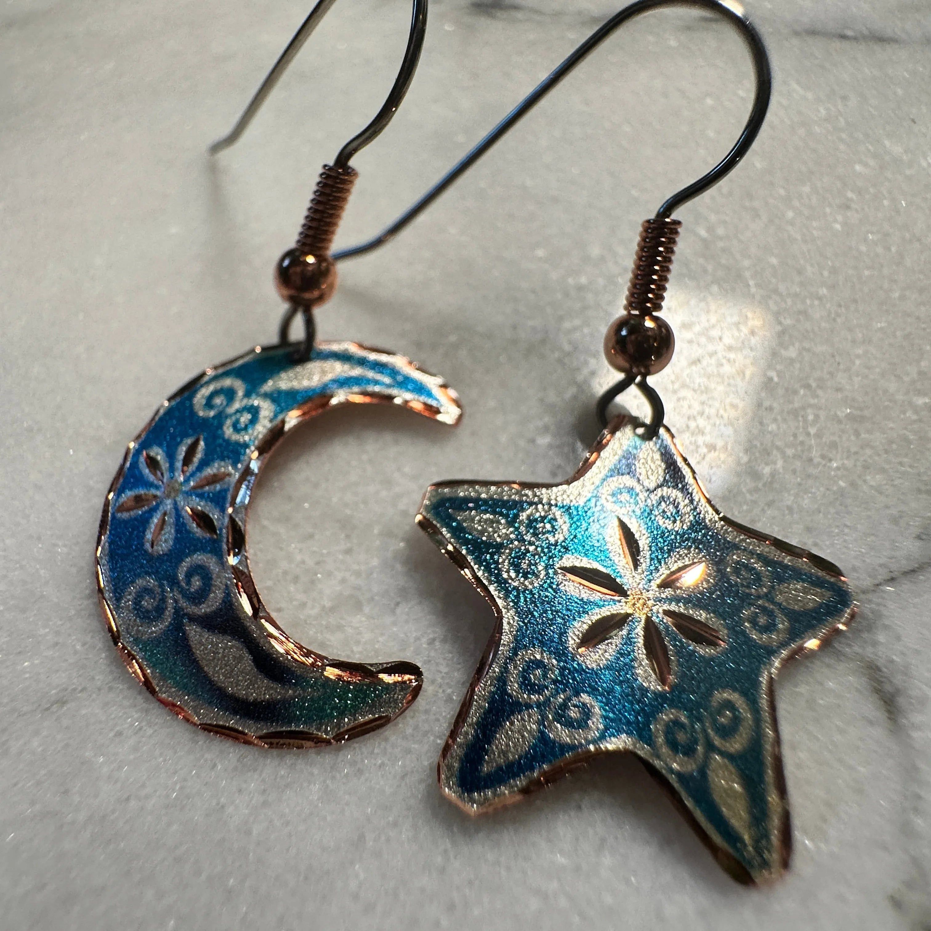 Other Handcrafted Blue Moon & Star Earrings, Wire Drop Copper Diam Size ONE SIZE - 1 Thumbnail