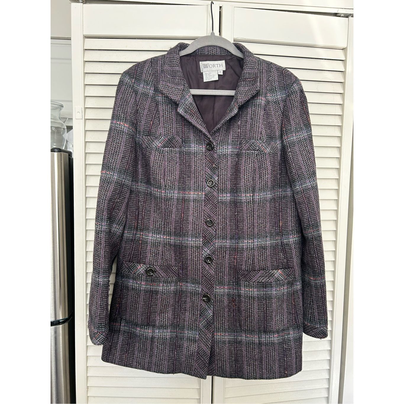 Good Worth & Co. WORTH Wool/Silk Purple White Red Plaid Button Coat, Size 16 Size XXL / US 16-18 / IT 52-54 - 1 Thumbnail